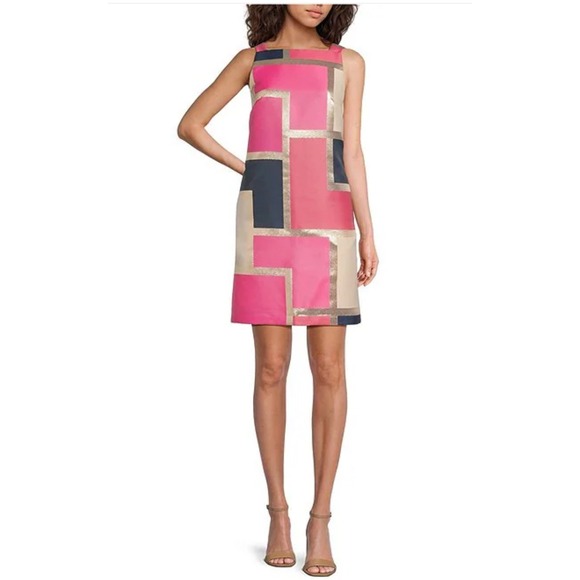 Trina Turk Sleeveless Dress Pink Blue Geometric Gold Size 6 Party Cocktail - Picture 1 of 16